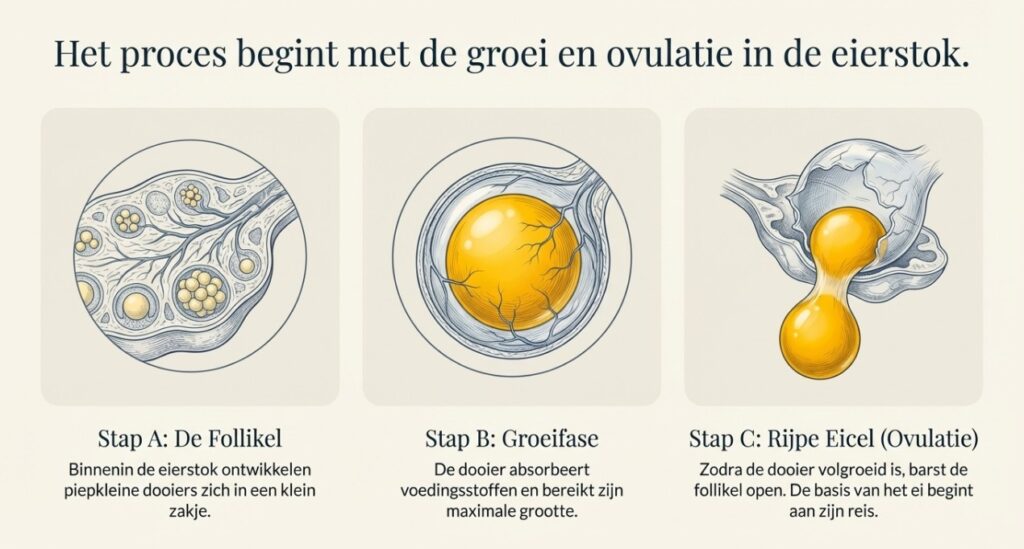 Eierstok kip met groeiende follikels en ovulatie waarbij rijpe dooier vrijkomt