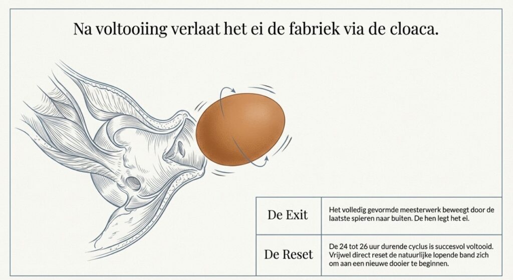 Kip legt ei via cloaca waarbij ei met brede kant eerst naar buiten komt